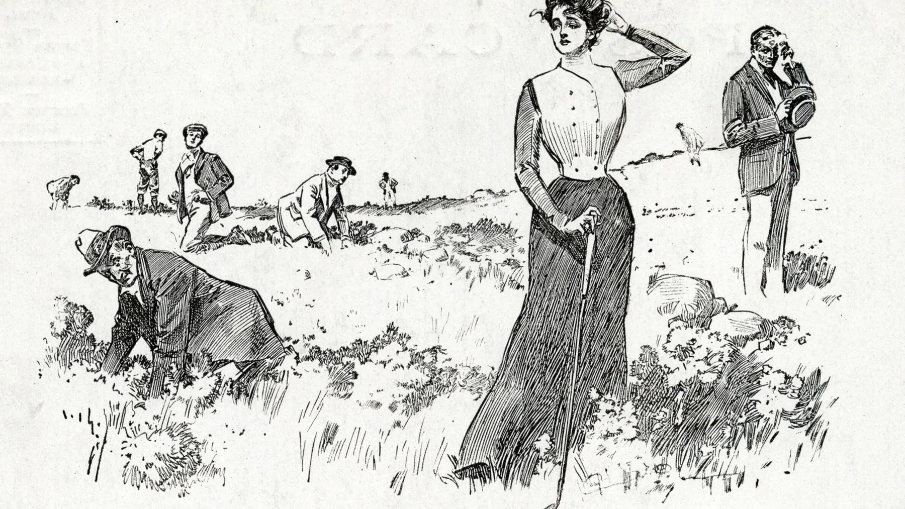 A 1900 Life magazine cartoon, Advice to Caddies: golfers search the rough while a caddie watches a young woman
