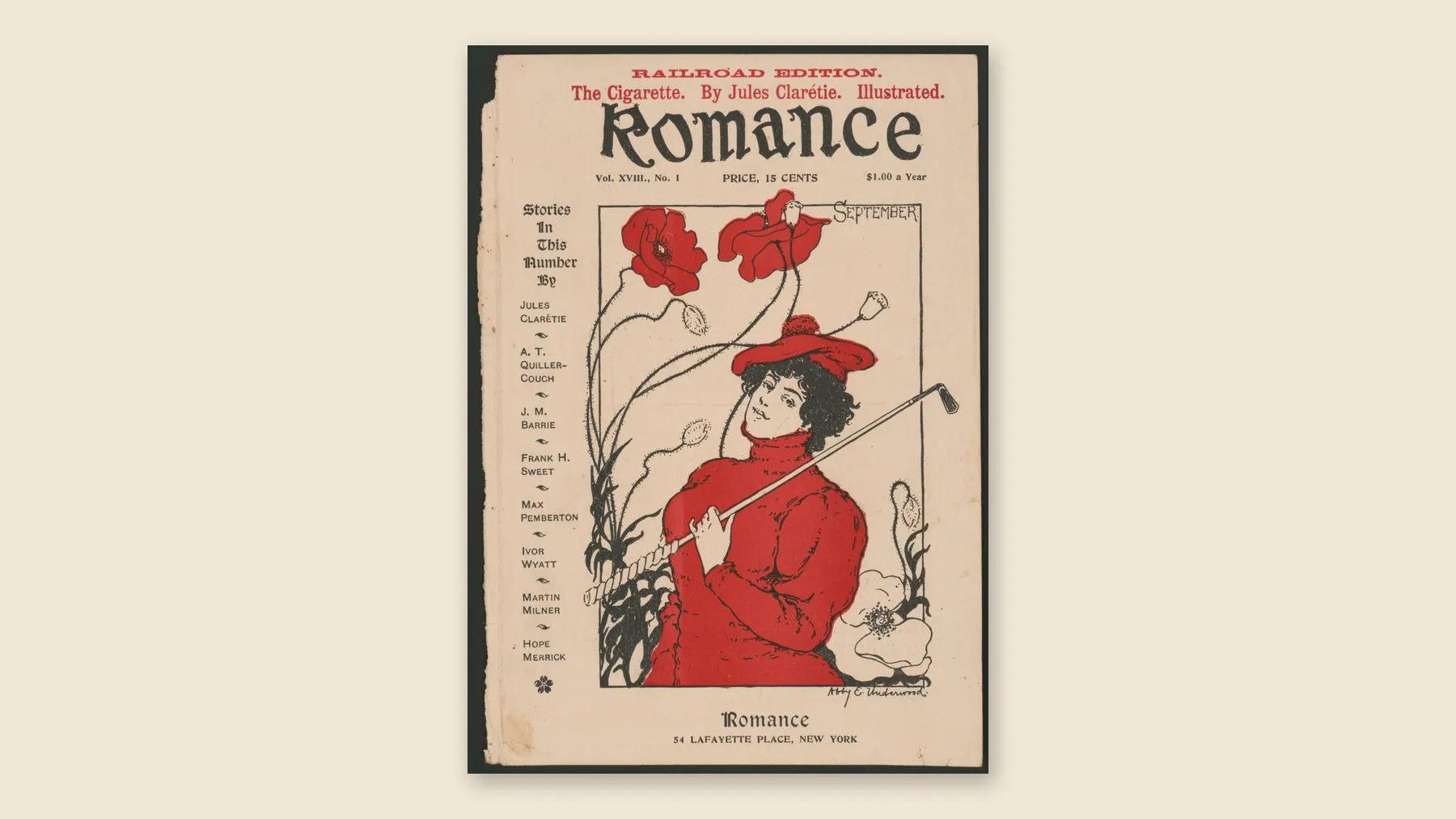 Art Nouveau magazine cover of a woman golfer in a red dress among poppies