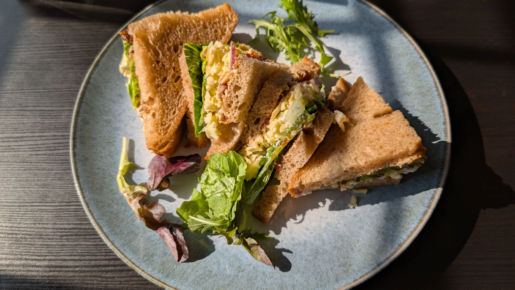 Sandwiches and salad on a blue plate on a dark wooden table