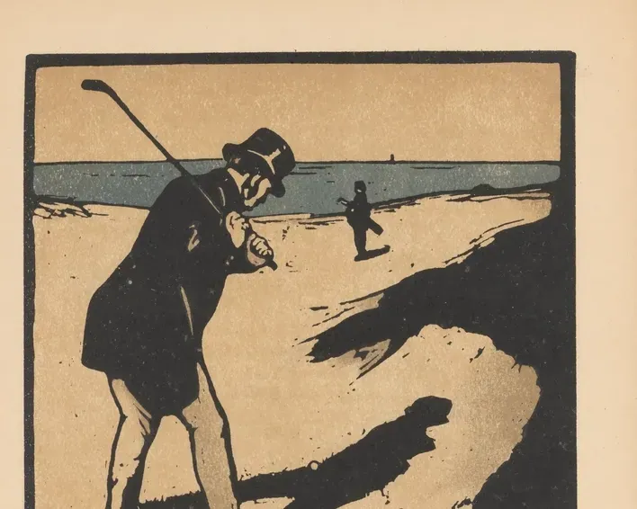 Woodcut of a golfer in a top hat playing on a beach, from William Nicholson's 1898 Almanac of Twelve Sports