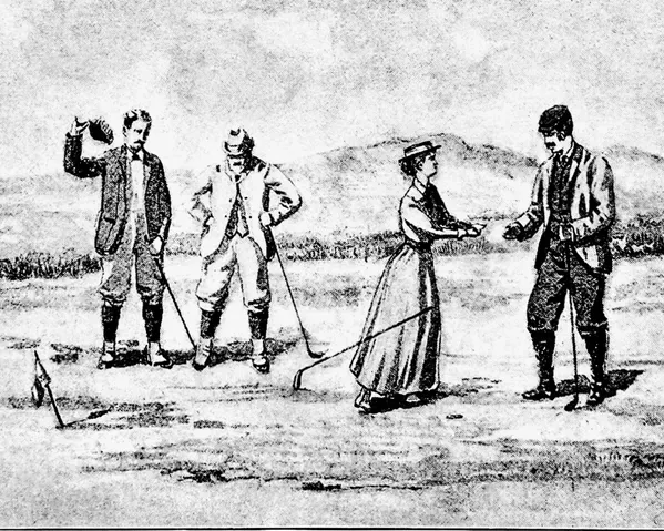 Victorian engraving of a mixed foursome shaking hands on the green